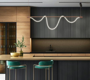  Modern kitchen cabinets with string light and green chairs.