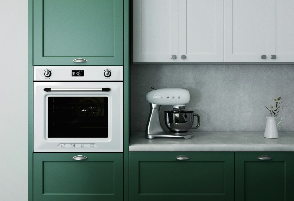 Green and white kitchen cabinets.