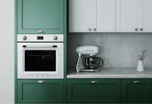 Green and white kitchen cabinets.