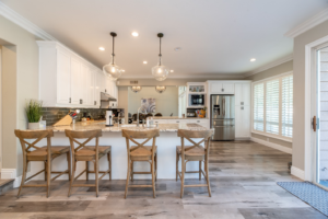 Kitchen with wooden seats for the isle