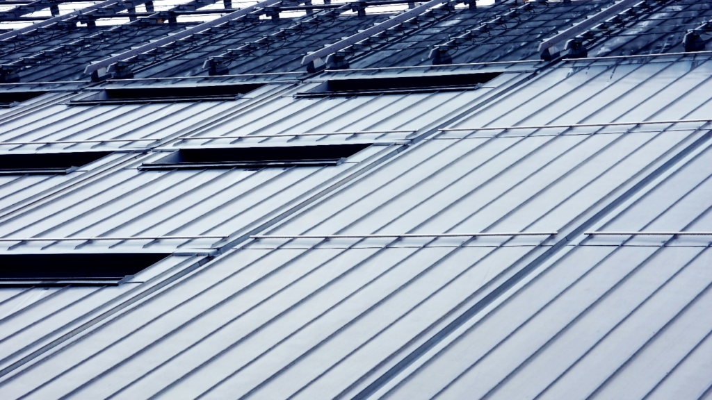 Grey metal roof of a commercial building