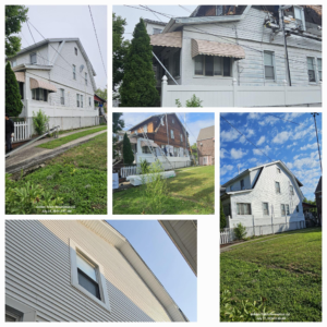 A collage of five images showing a white house from different angles and stages of renovation.