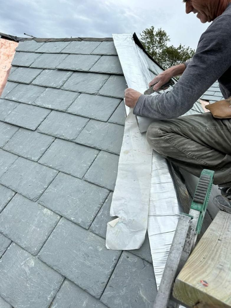 Close-up of a slate roof on a home