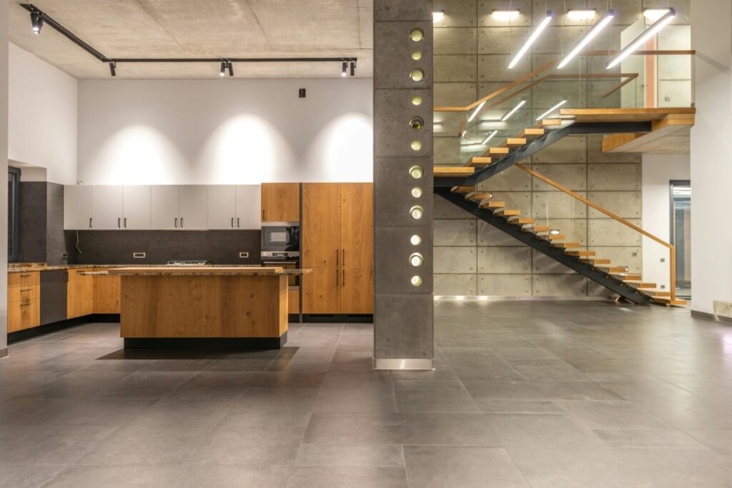 mage of a kitchen and staircase in a house