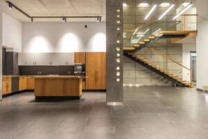 mage of a kitchen and staircase in a house
